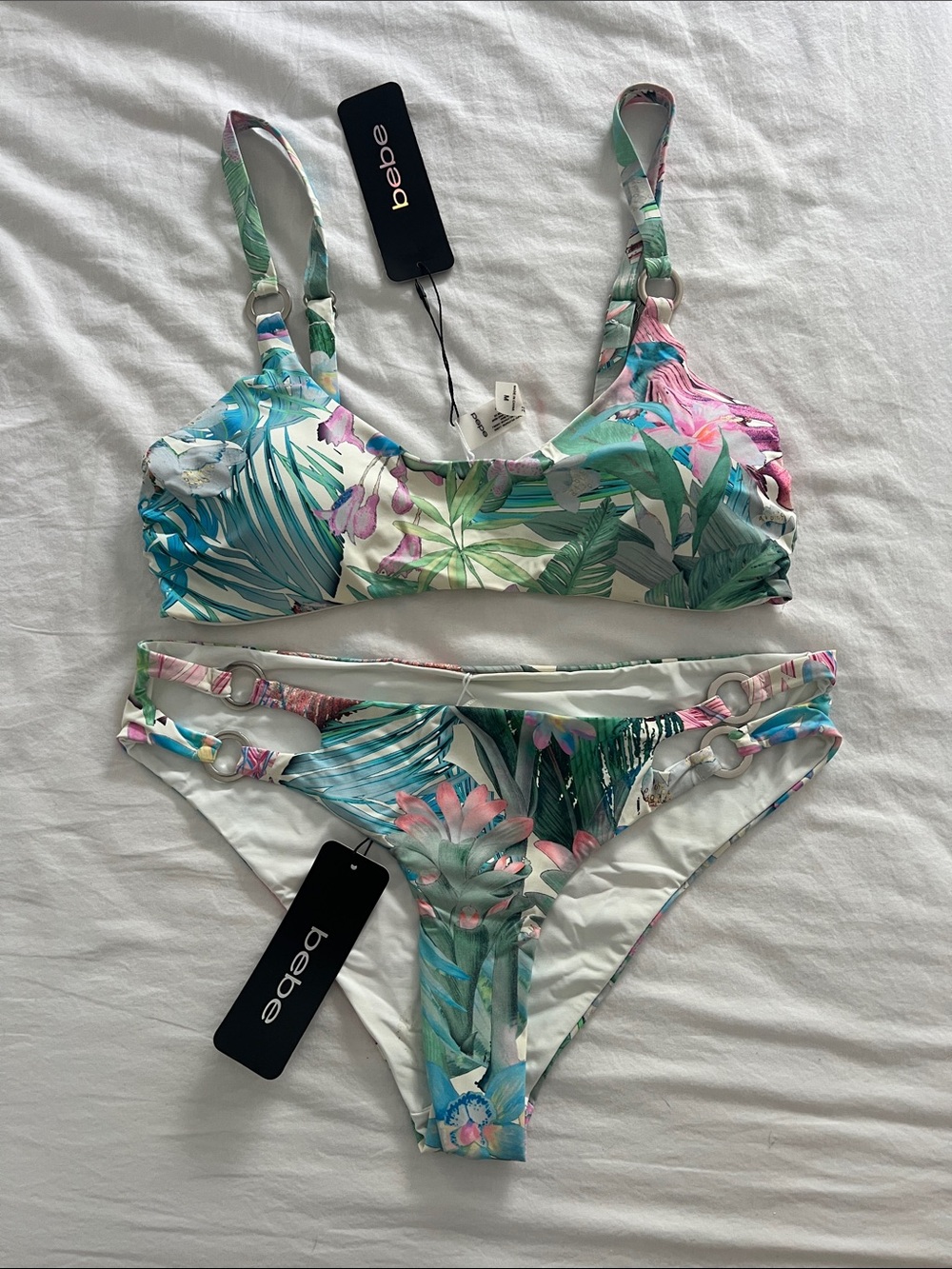 bebe Floral Print Bikini Set in Pink, Teal & White